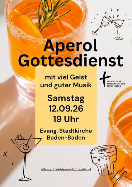 Oranges Aperol Glas mit Werbung für den Gottesdienst